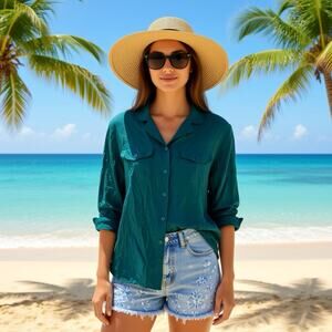 VTG 90s Edward Shirt Green 100% Silk ButtonUp Women L Minimalist Beach Summer